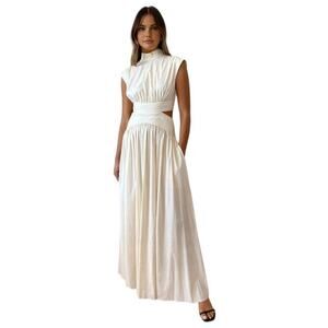 Commense Sleeveless Mock Neck Cut Out white maxi dress.